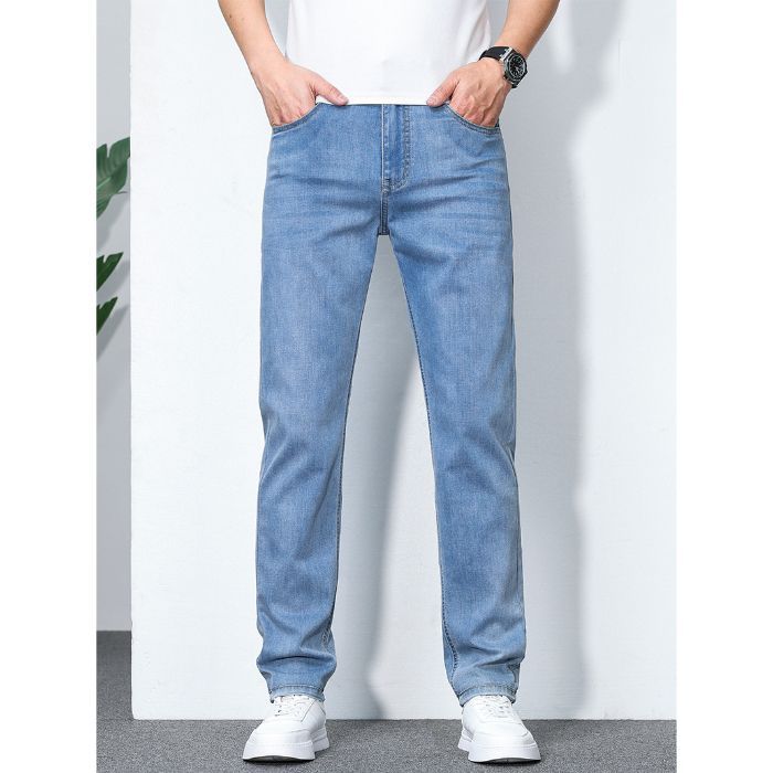 2025 new high-end stretch summer thin jeans men's loose straight ice silk casual large size long pants