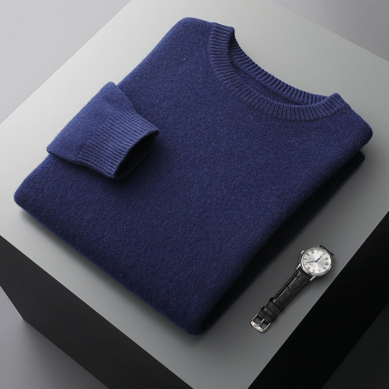 Autumn and winter round neck wool sweater men's 100% pure wool thick pullover sweater loose casual solid color knitted bottoming shirt