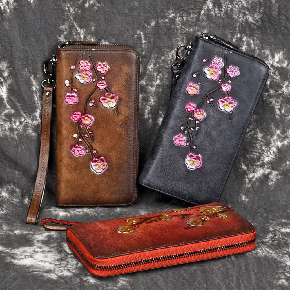 Genuine leather wallet tree paste leather clutch bag retro frosted embossed plum long European and American cowhide zipper ladies wallet