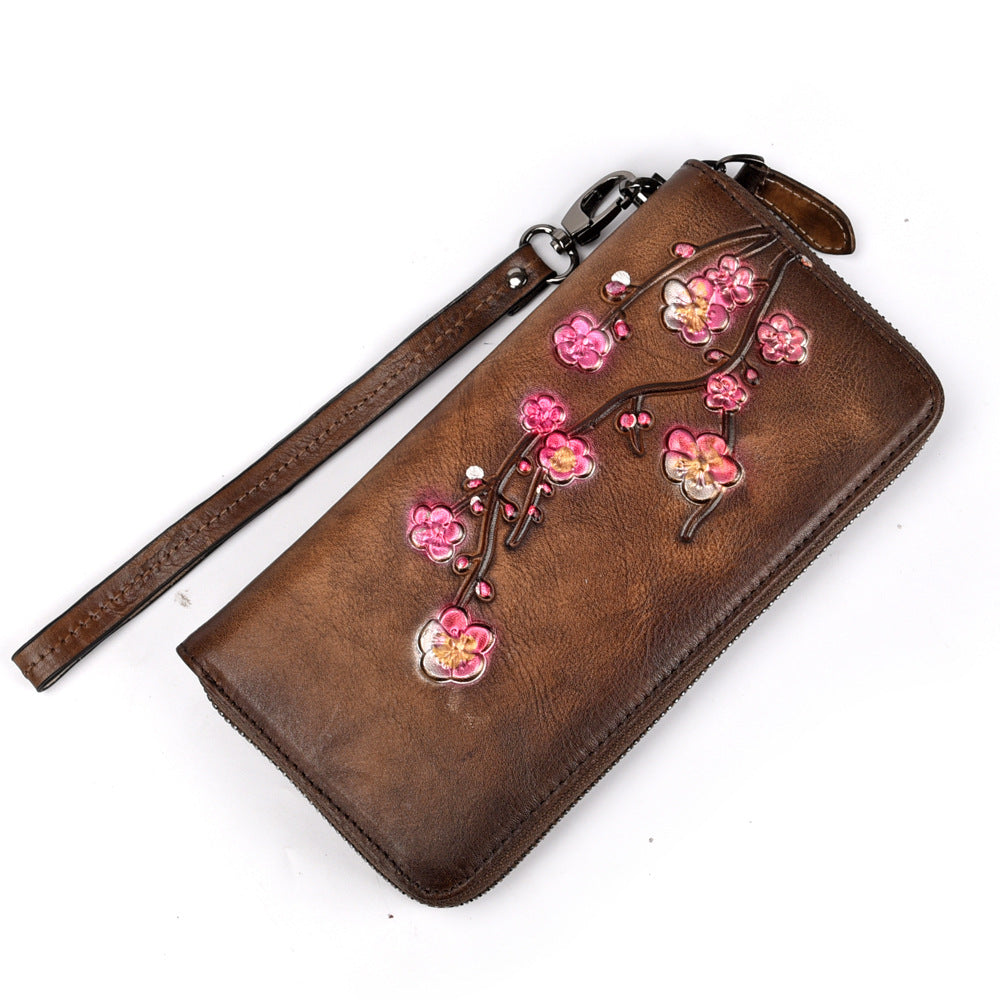 Genuine leather wallet tree paste leather clutch bag retro frosted embossed plum long European and American cowhide zipper ladies wallet