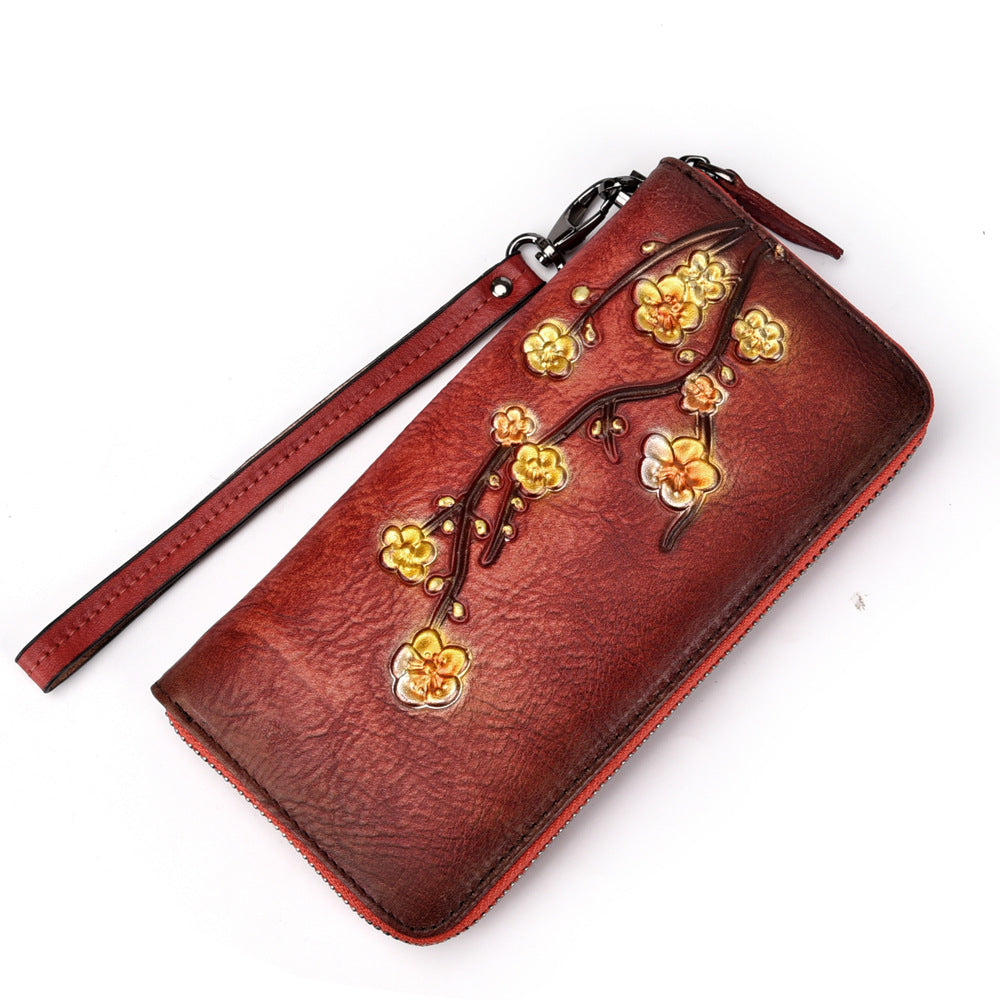 Genuine leather wallet tree paste leather clutch bag retro frosted embossed plum long European and American cowhide zipper ladies wallet