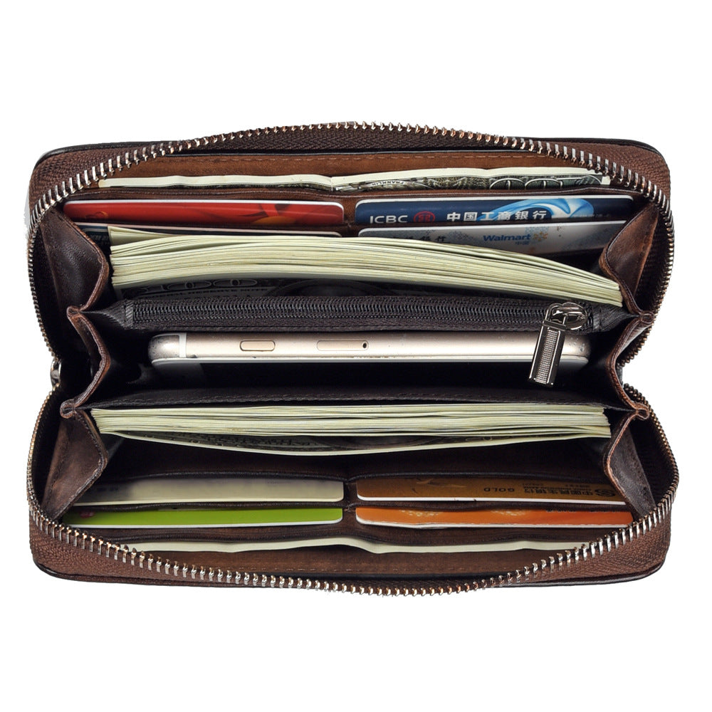 Genuine leather wallet tree paste leather clutch bag retro frosted embossed plum long European and American cowhide zipper ladies wallet