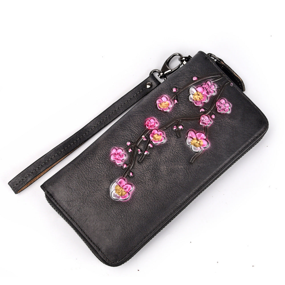 Genuine leather wallet tree paste leather clutch bag retro frosted embossed plum long European and American cowhide zipper ladies wallet