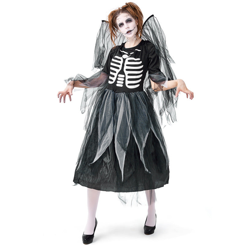 Color Halloween carnival party costume adult zombie skeleton skeleton print fallen angel dress mesh skirt