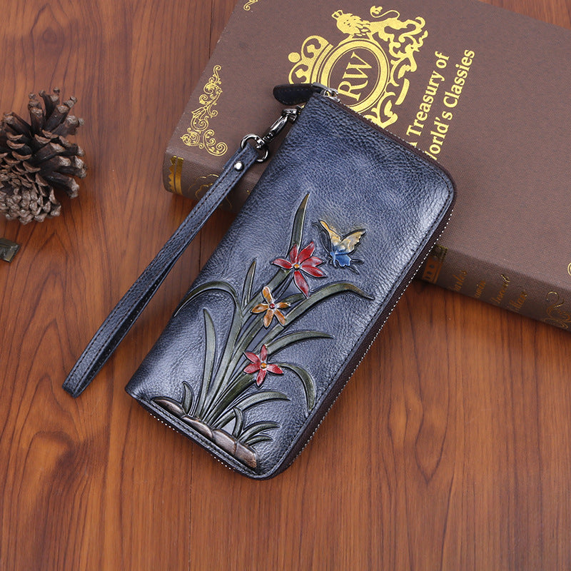New style first layer cowhide bag retro style multi-card slot long wallet embossed color factory direct supply one piece dropshipping