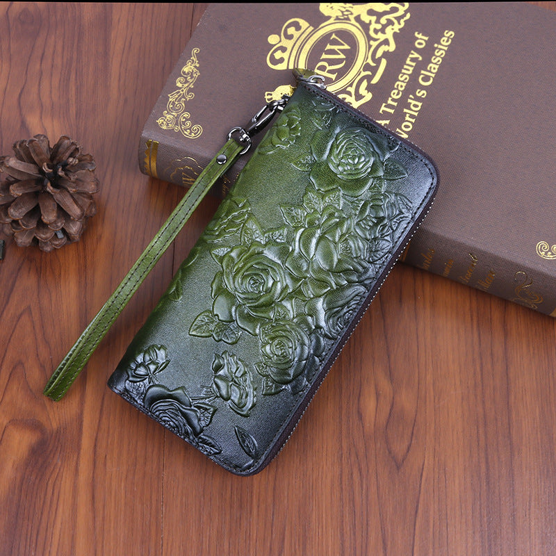New Cowhide Retro Style Long Women's Clutch Fashion Multi-card Slot Embossed Colored Zipper Bag