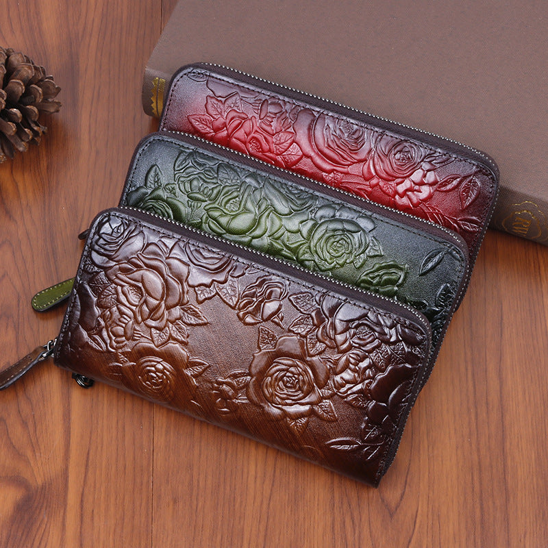 New Cowhide Retro Style Long Women's Clutch Fashion Multi-card Slot Embossed Colored Zipper Bag