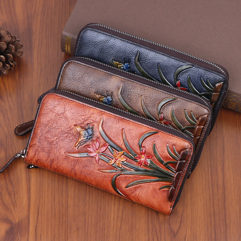 New style first layer cowhide bag retro style multi-card slot long wallet embossed color factory direct supply one piece dropshipping