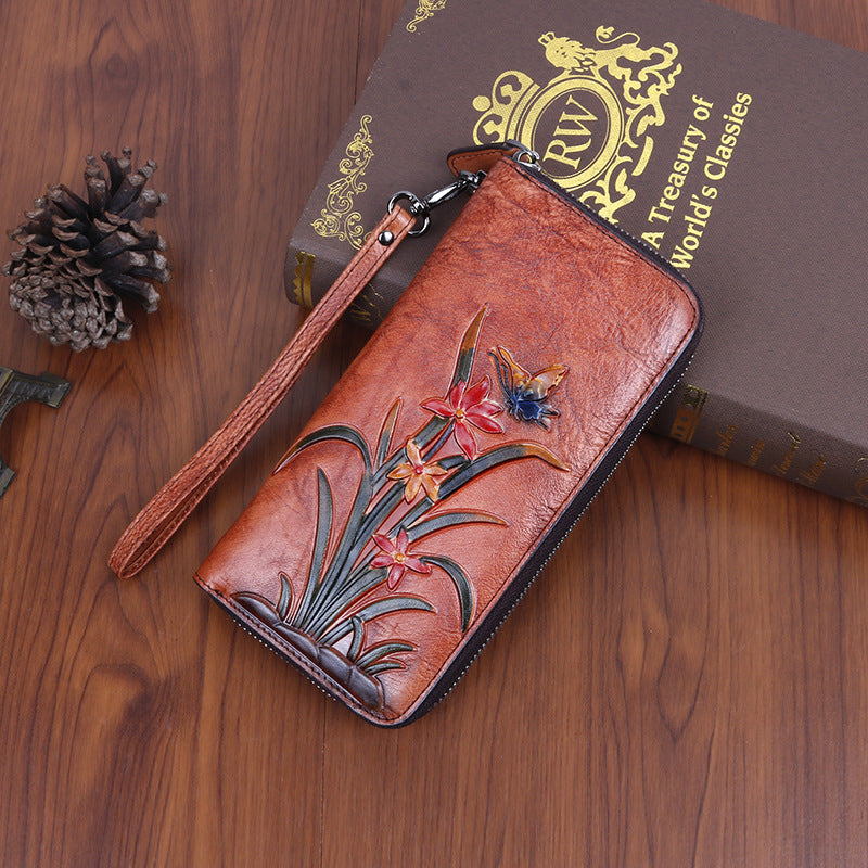 New style first layer cowhide bag retro style multi-card slot long wallet embossed color factory direct supply one piece dropshipping