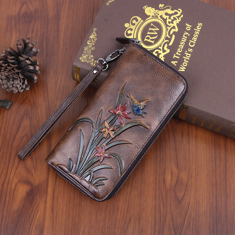 New style first layer cowhide bag retro style multi-card slot long wallet embossed color factory direct supply one piece dropshipping