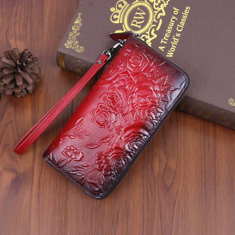 New Cowhide Retro Style Long Women's Clutch Fashion Multi-card Slot Embossed Colored Zipper Bag