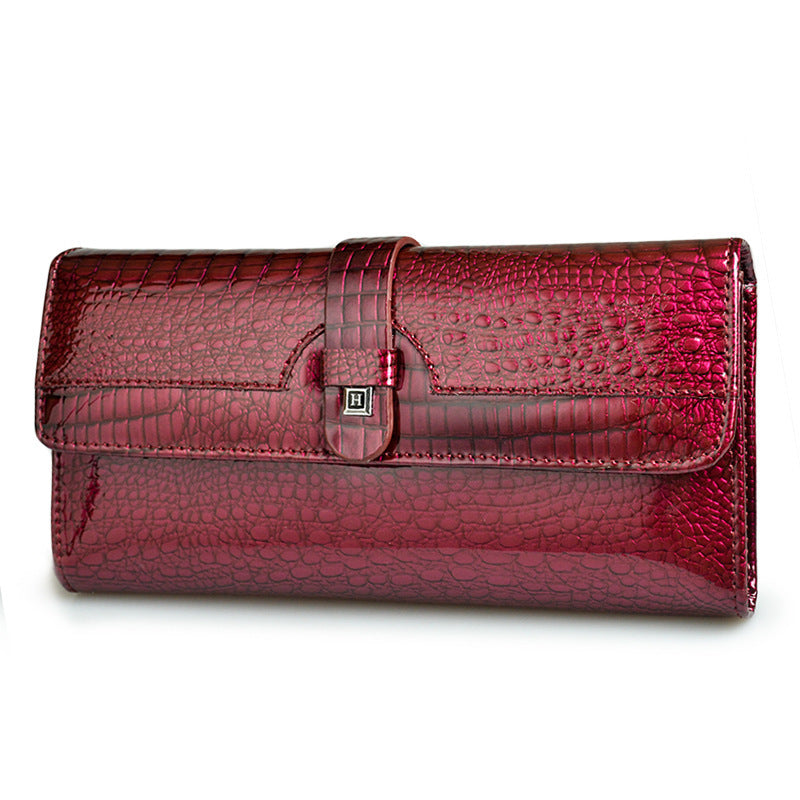 Women's genuine leather wallet snap button patent leather crocodile pattern multi-card slot wallet mobile phone bag clutch coin purse European and American