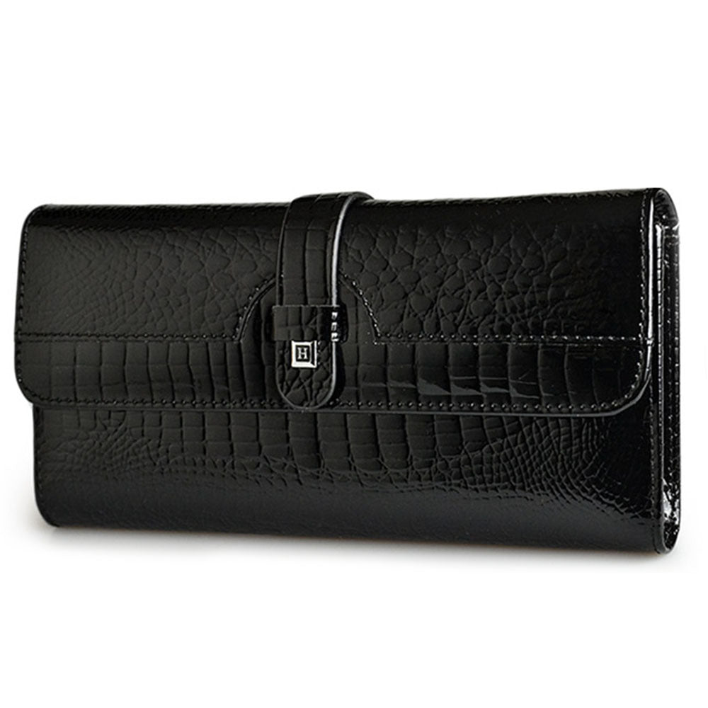 Women's genuine leather wallet snap button patent leather crocodile pattern multi-card slot wallet mobile phone bag clutch coin purse European and American