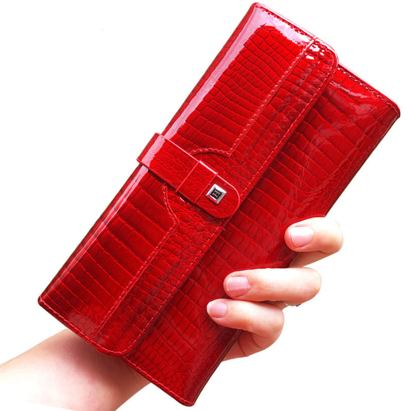 Women's genuine leather wallet snap button patent leather crocodile pattern multi-card slot wallet mobile phone bag clutch coin purse European and American
