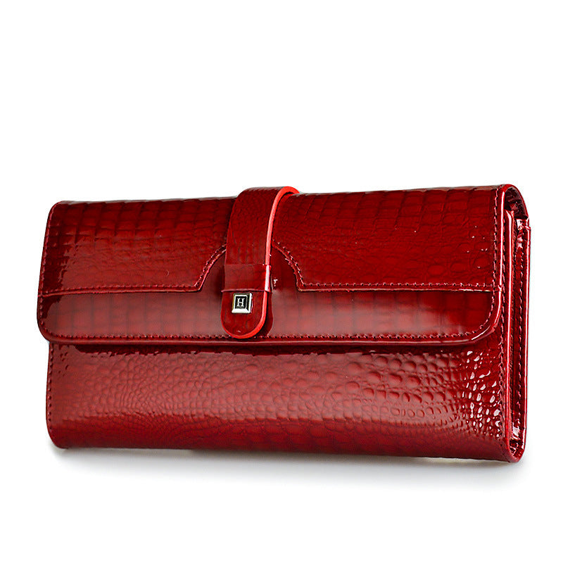 Women's genuine leather wallet snap button patent leather crocodile pattern multi-card slot wallet mobile phone bag clutch coin purse European and American