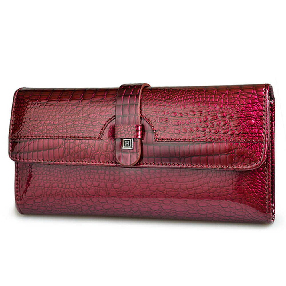 Women's genuine leather wallet snap button patent leather crocodile pattern multi-card slot wallet mobile phone bag clutch coin purse European and American