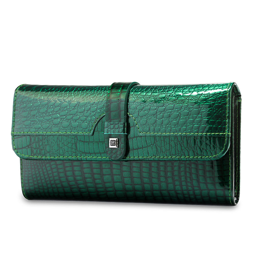 Women's genuine leather wallet snap button patent leather crocodile pattern multi-card slot wallet mobile phone bag clutch coin purse European and American