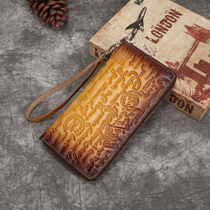 new factory direct sales retro hand-held ladies wallet first layer cowhide embossed English coin purse can be wholesale