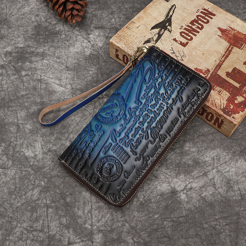new factory direct sales retro hand-held ladies wallet first layer cowhide embossed English coin purse can be wholesale