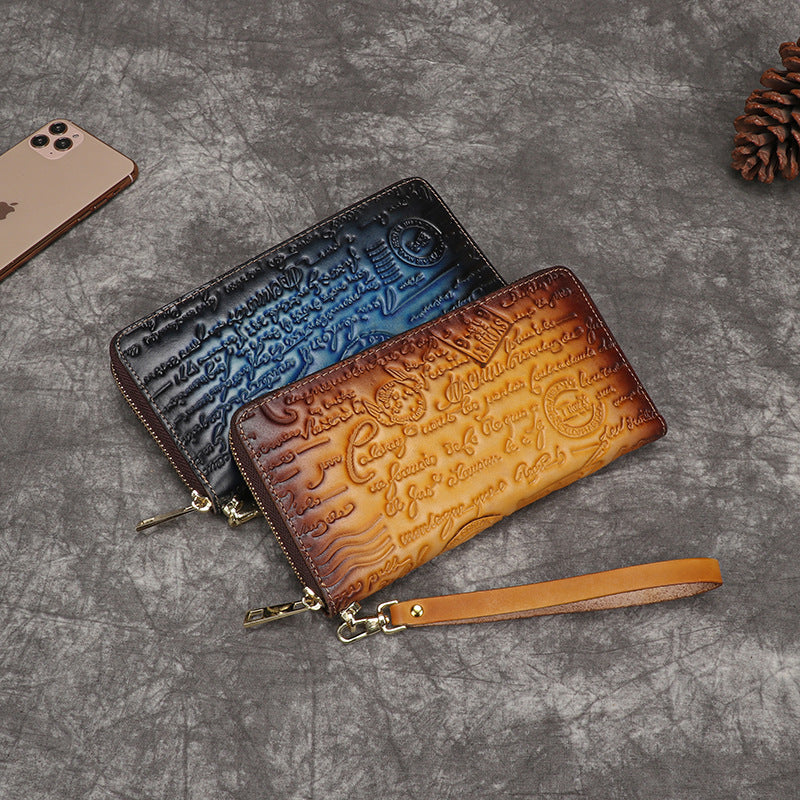 new factory direct sales retro hand-held ladies wallet first layer cowhide embossed English coin purse can be wholesale