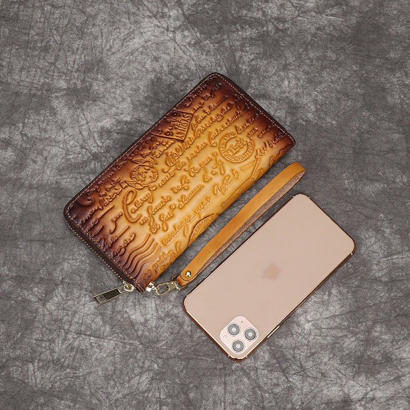 new factory direct sales retro hand-held ladies wallet first layer cowhide embossed English coin purse can be wholesale