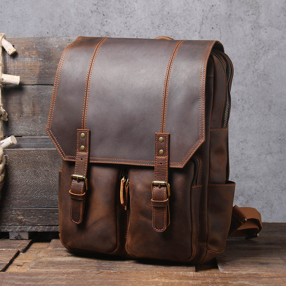 Retro large capacity crazy horse leather backpack men's original first layer cowhide travel genuine leather backpack Amazon foreign trade