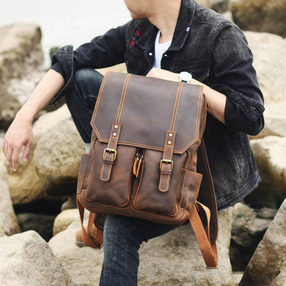 Retro large capacity crazy horse leather backpack men's original first layer cowhide travel genuine leather backpack Amazon foreign trade