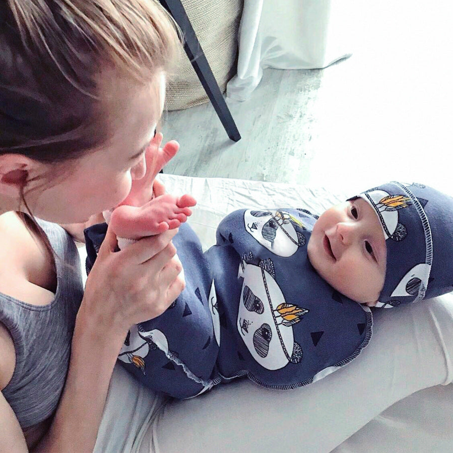 Cross-border European and American baby sleeping bag, baby anti-startle swaddle, super soft elastic baby cocoon sleeping bag and fetal hat set