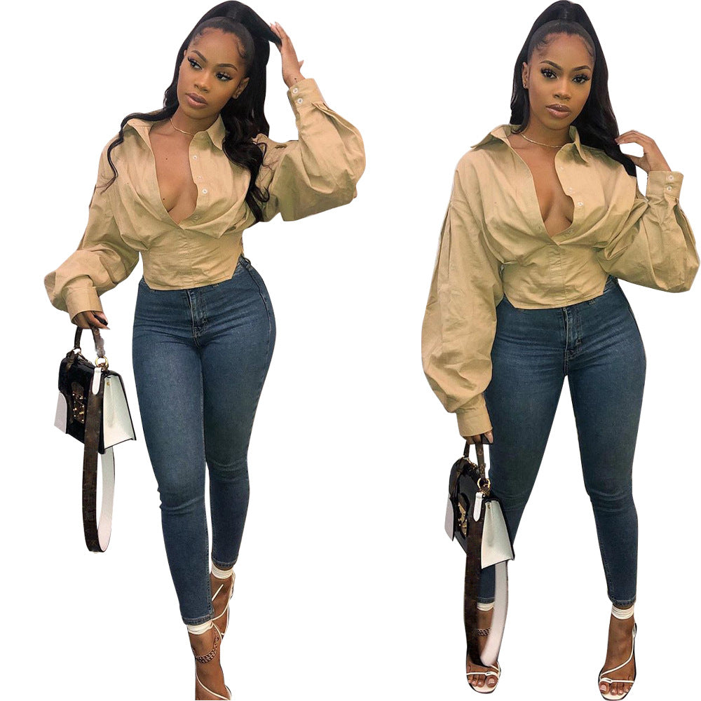 5370 Cross-border Women's Clothing Europe and America Independent Station Fashion Top Slim Temperament Solid Color Lantern Sleeve Shirt