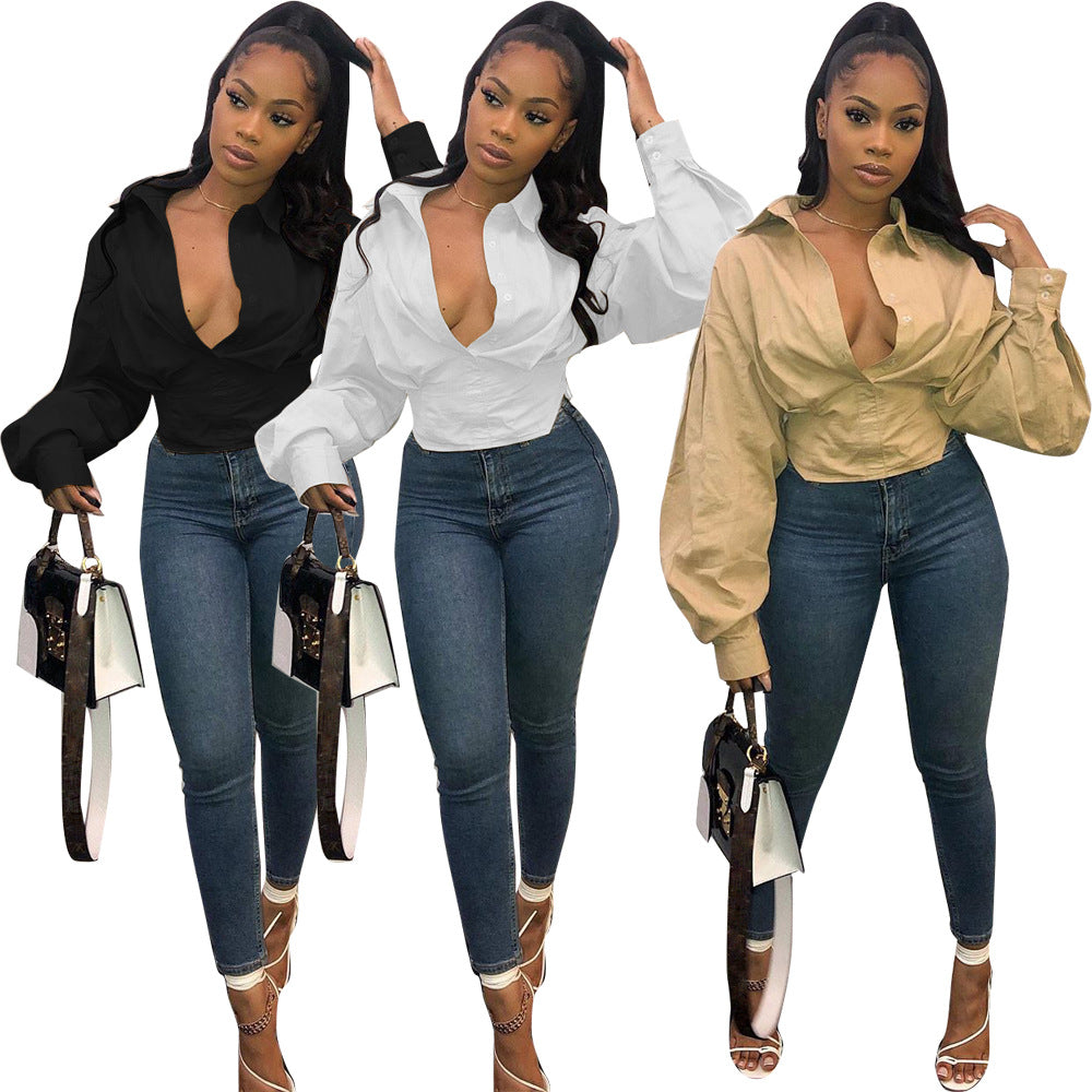 5370 Cross-border Women's Clothing Europe and America Independent Station Fashion Top Slim Temperament Solid Color Lantern Sleeve Shirt