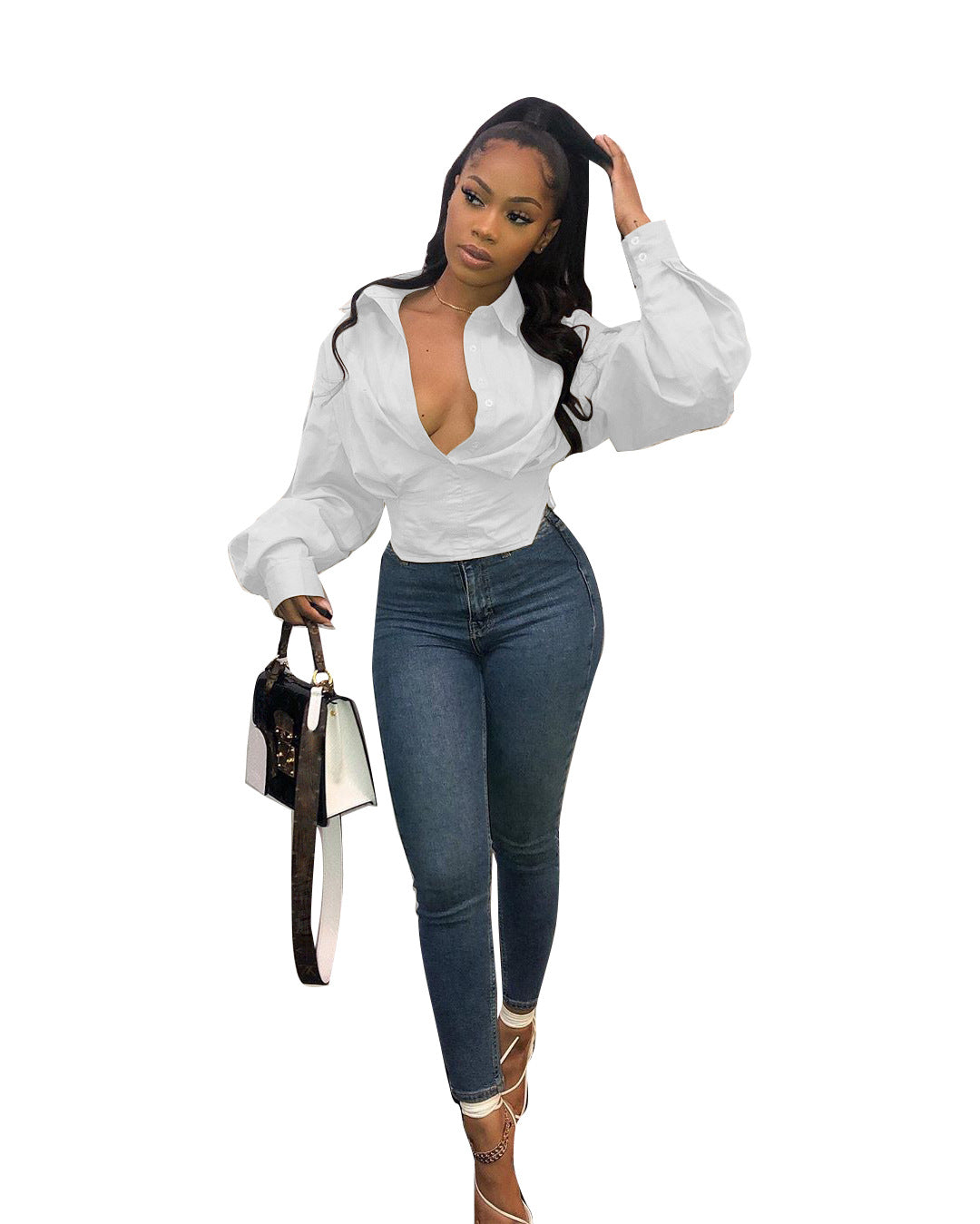 5370 Cross-border Women's Clothing Europe and America Independent Station Fashion Top Slim Temperament Solid Color Lantern Sleeve Shirt