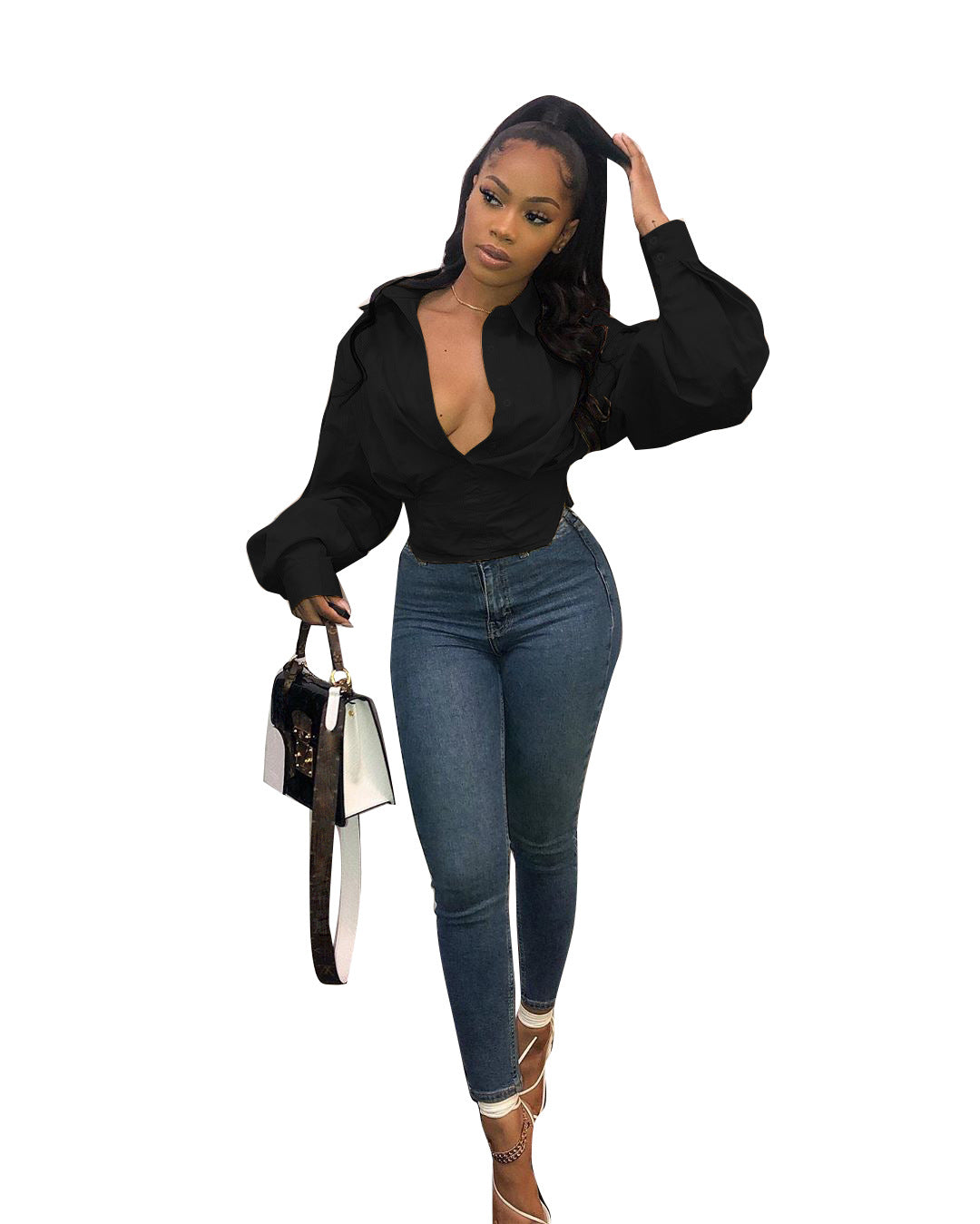 5370 Cross-border Women's Clothing Europe and America Independent Station Fashion Top Slim Temperament Solid Color Lantern Sleeve Shirt