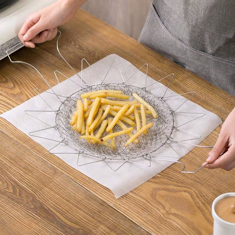 304 stainless steel frying basket household French fries fried chicken wings telescopic folding round filter drain basket frying basket