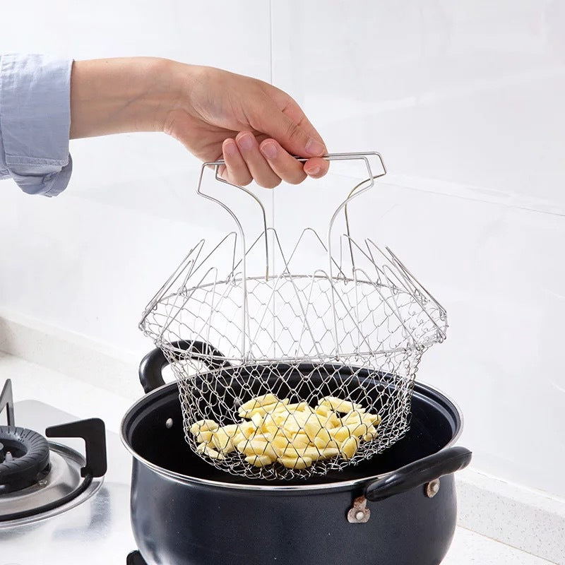 304 stainless steel frying basket household French fries fried chicken wings telescopic folding round filter drain basket frying basket