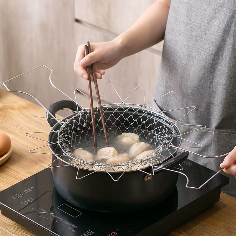304 stainless steel frying basket household French fries fried chicken wings telescopic folding round filter drain basket frying basket