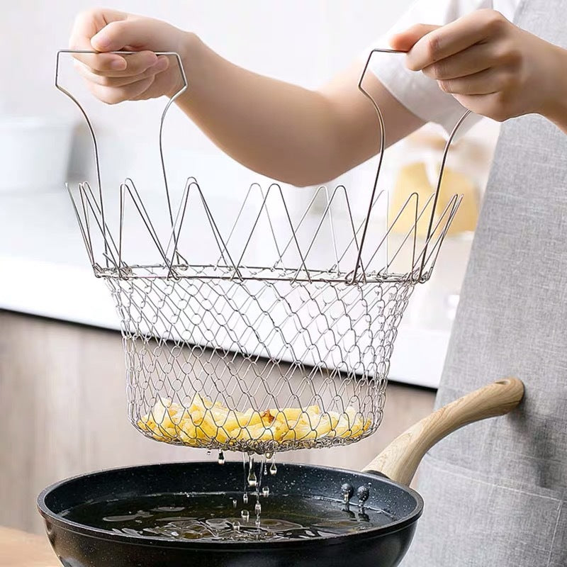 304 stainless steel frying basket household French fries fried chicken wings telescopic folding round filter drain basket frying basket