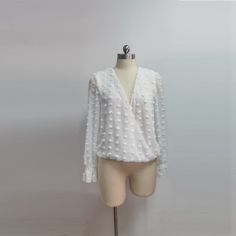 Cross-border European and American new women's white jacquard deep V long-sleeved chiffon shirt
