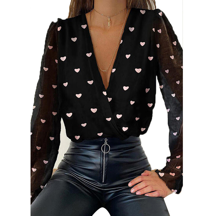 Cross-border European and American new women's white jacquard deep V long-sleeved chiffon shirt