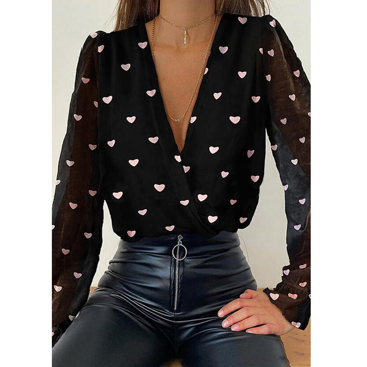 Cross-border European and American new women's white jacquard deep V long-sleeved chiffon shirt