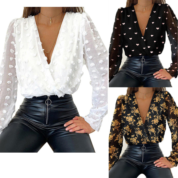 Cross-border European and American new women's white jacquard deep V long-sleeved chiffon shirt