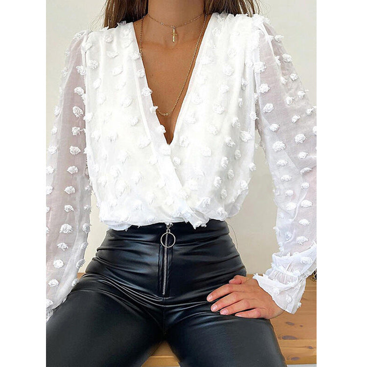 Cross-border European and American new women's white jacquard deep V long-sleeved chiffon shirt