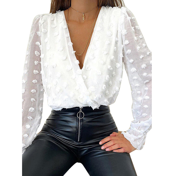 Cross-border European and American new women's white jacquard deep V long-sleeved chiffon shirt