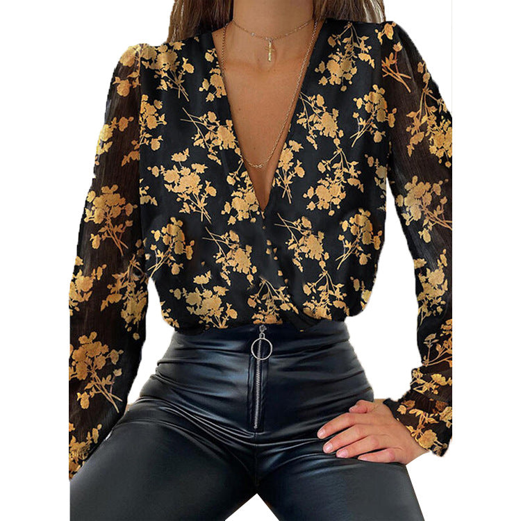 Cross-border European and American new women's white jacquard deep V long-sleeved chiffon shirt