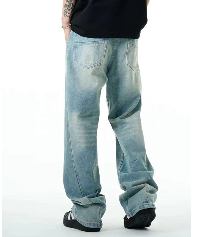 Washed distressed casual jeans straight loose fit  summer thin simple style blue trousers spot delivery