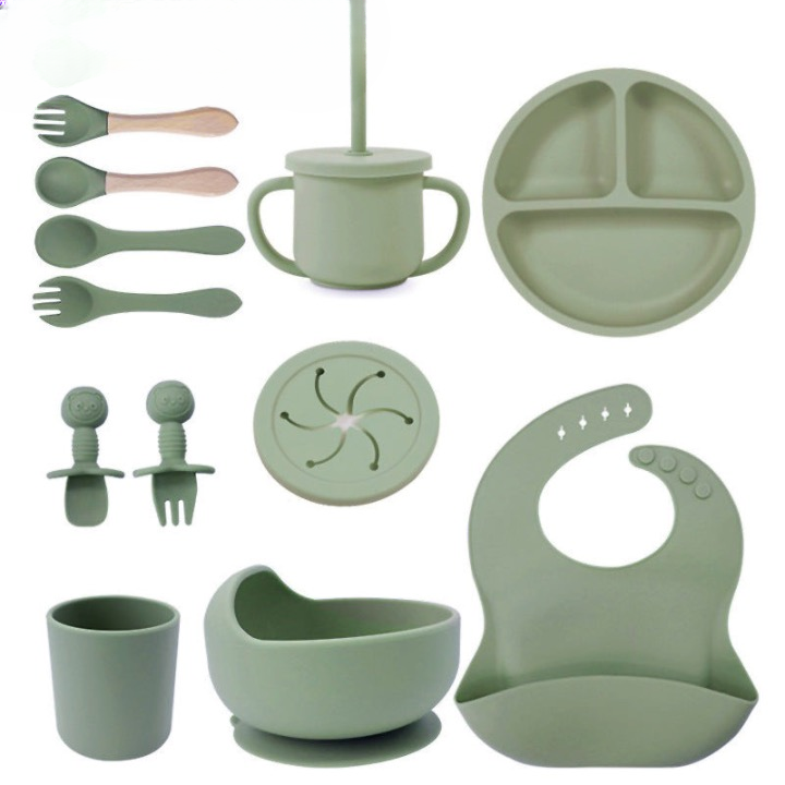 Baby silicone tableware set infant food bowl spoon saliva pocket children's 3-grid silicone dinner plate straw cup