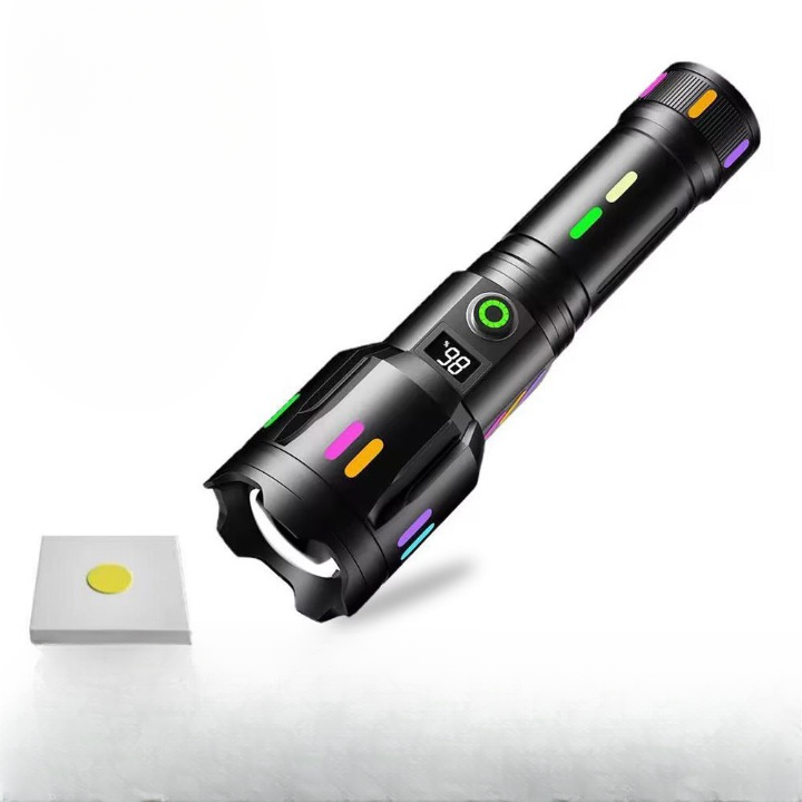 Multifunctional flashlight with lithium battery, fluorescent bar, digital display, Type-C rechargeable, strong light, zoom, white laser flashlight, long battery life