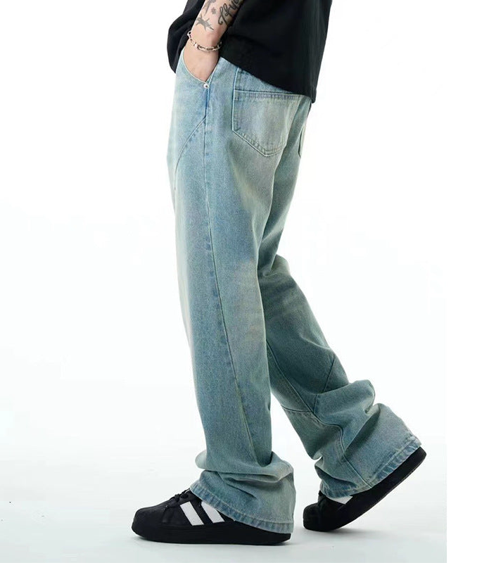 Washed distressed casual jeans straight loose fit  summer thin simple style blue trousers spot delivery