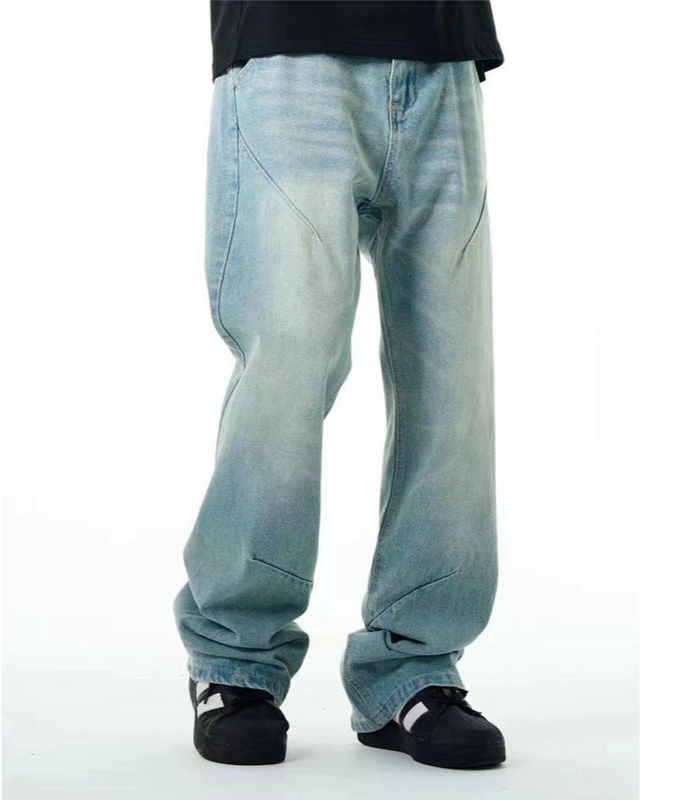 Washed distressed casual jeans straight loose fit  summer thin simple style blue trousers spot delivery