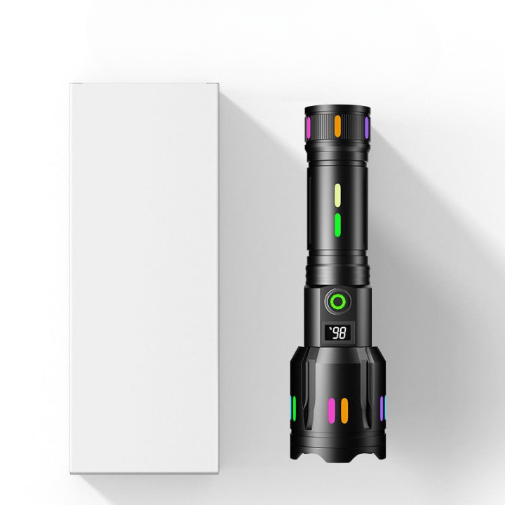 Multifunctional flashlight with lithium battery, fluorescent bar, digital display, Type-C rechargeable, strong light, zoom, white laser flashlight, long battery life