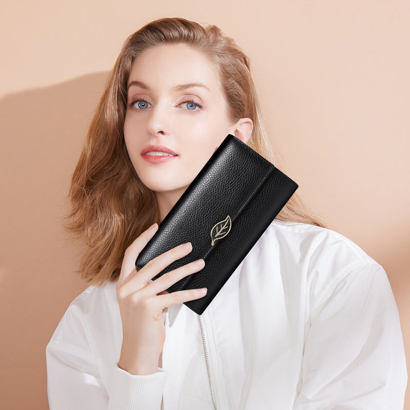 Guangzhou Leather Factory 2025 New Litchi Grain Top Layer Cowhide Women's Wallet Women's Long Genuine Leather Leaf Wallet
